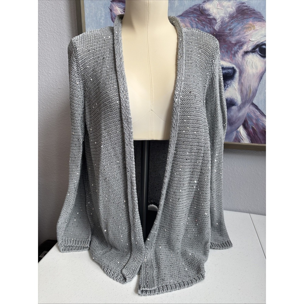 Elieen Fisher Women's 1X Light Gray Sparkle Sequin‎ Knit Sweater Open Cardigan